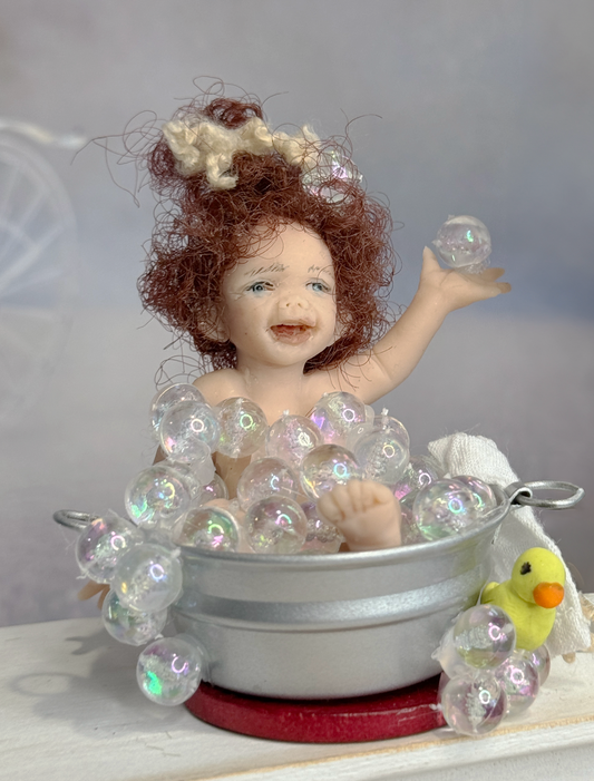 Fun Sculpted Clay Bathing Baby Infant Doll in Tub of Bubbles Diorama, zoom in