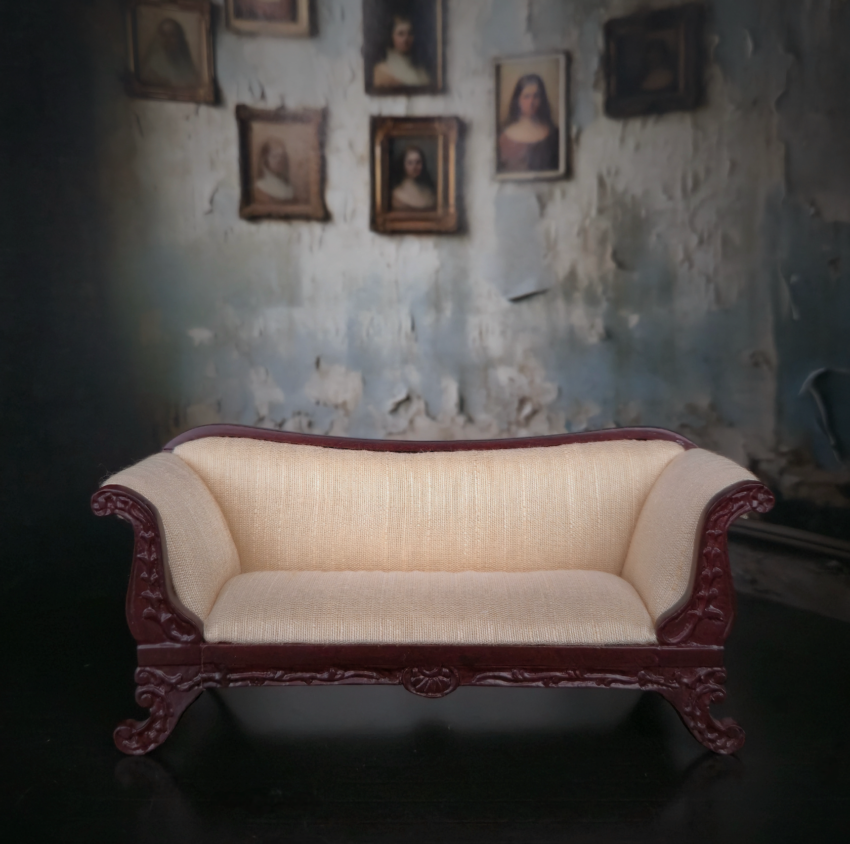 Bespaq Victorian Style Ivory Silk Upholstered Sofa Mahogany Miniature 1990s