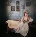 Load image into Gallery viewer, Bespaq Victorian Style Ivory Silk Upholstered Sofa Mahogany Miniature 1990s
