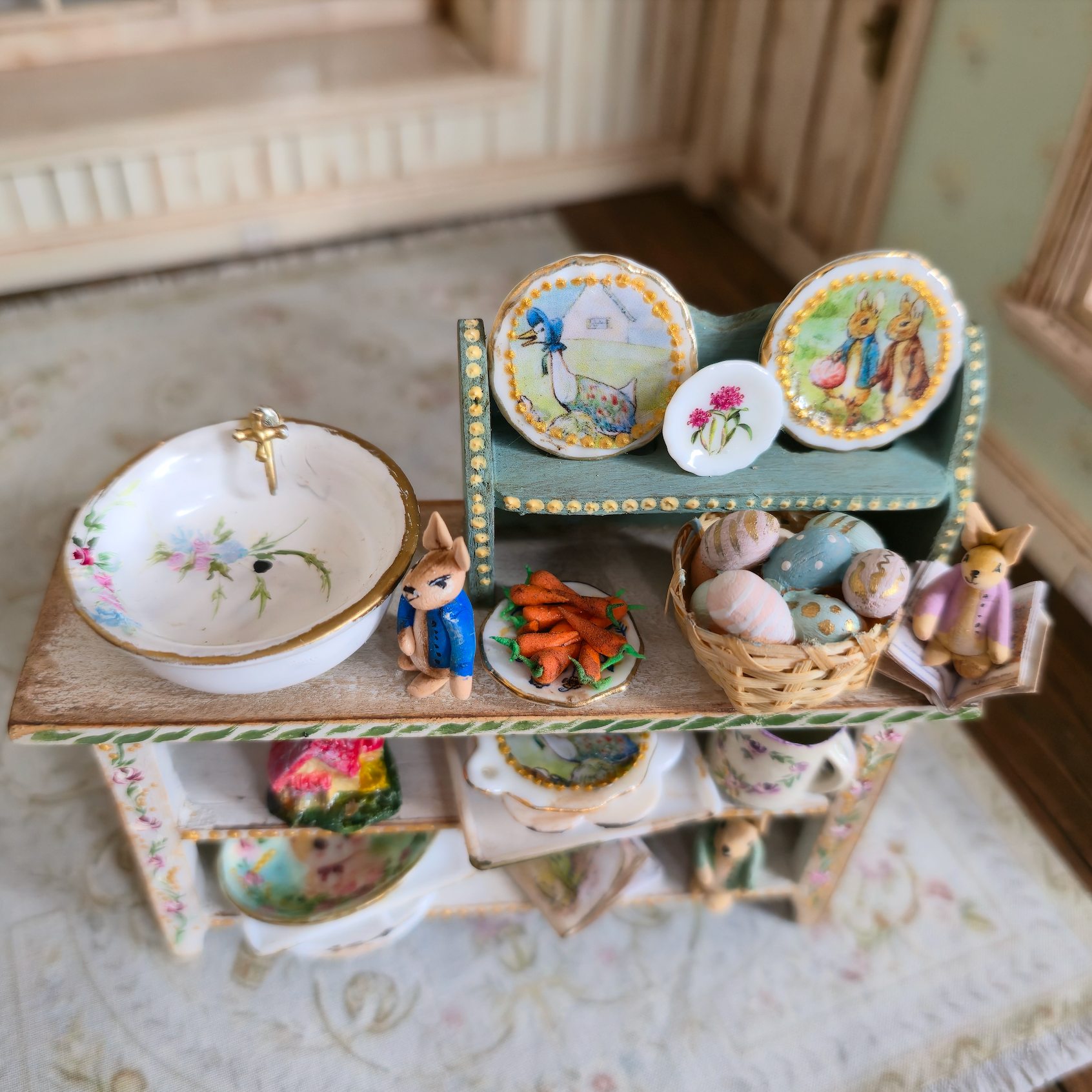 RESERVED FOR D ENGUITA Aida Pravia Peter Rabbit Dressed Country Sink Cabinet Diorama OOAK Spain