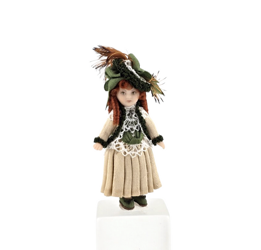 Terri Davis Miniature Dolly Victorian Green and Gold Silk Dress with Red Curls