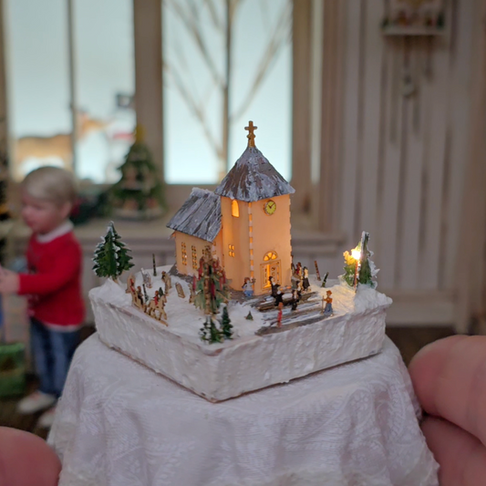 Rare Volker Arnold Illuminated Micro Miniature Winter Church Scene in 1:144 Scale