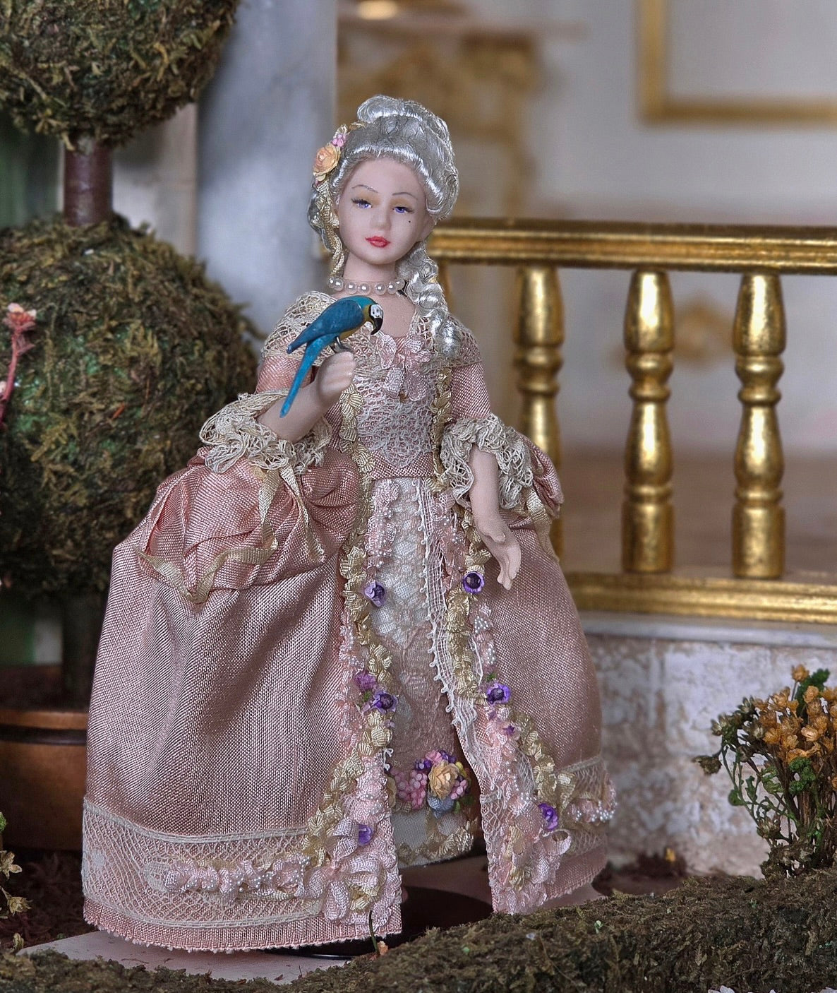 Dana Burton Rococo Young Girl in Pink Silk Pannier Gown with Macaw Porcelain Artist Doll
