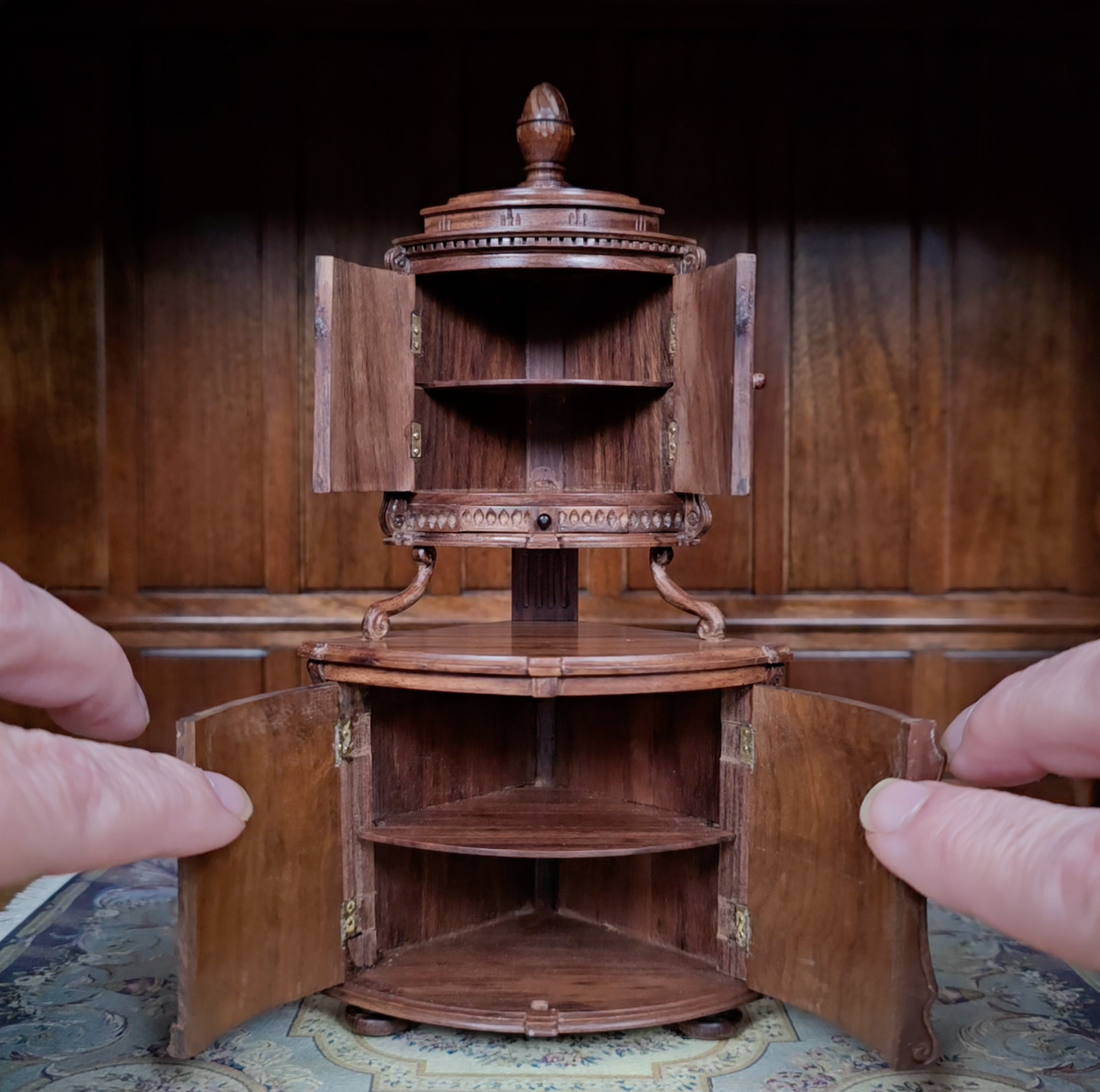 RARE Pierre Zador French Henri II Style Carved Corner Cabinet, Signed 1988 IGMA Fellow