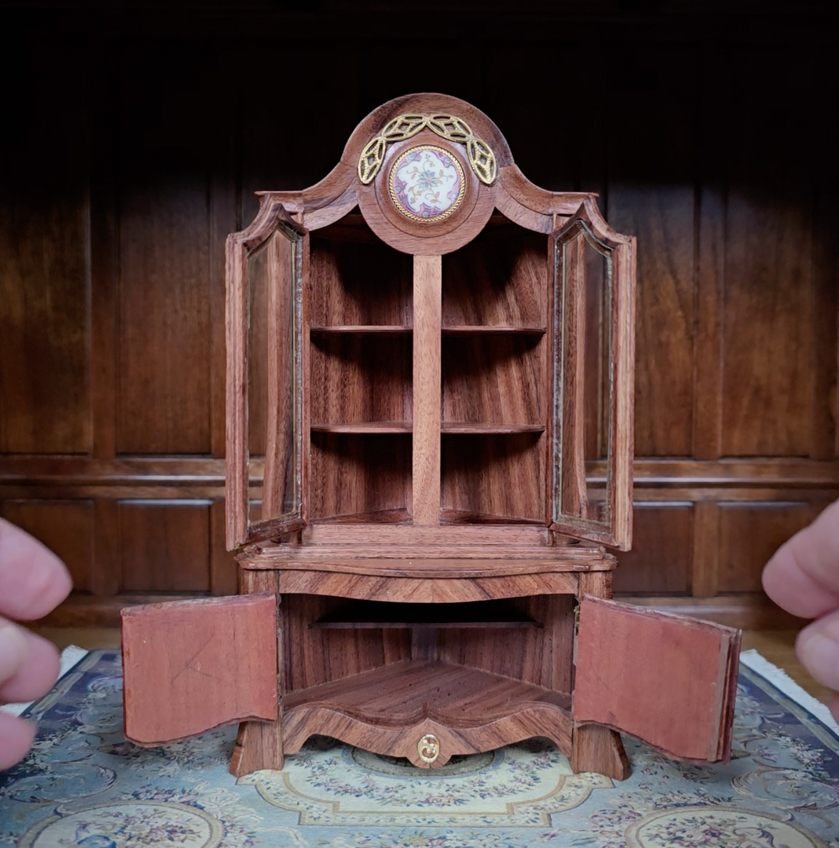 Pierre Zador French Louis XV Marquetry Corner Display Cabinet, Porcelain Medallion 1993