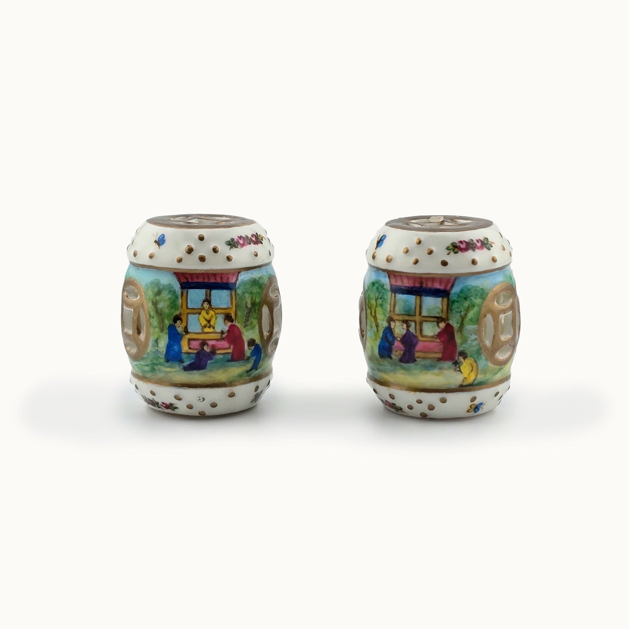 Hand Painted Gilt Chinese Porcelain Chinoiserie Drum Garden Stools Seats