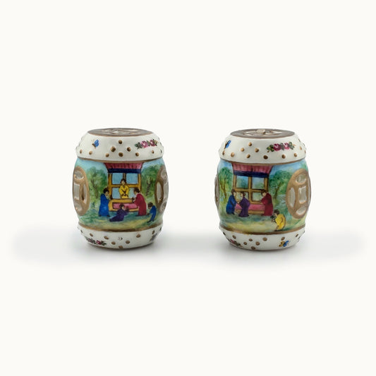 Hand Painted Gilt Chinese Porcelain Chinoiserie Drum Garden Stools Seats