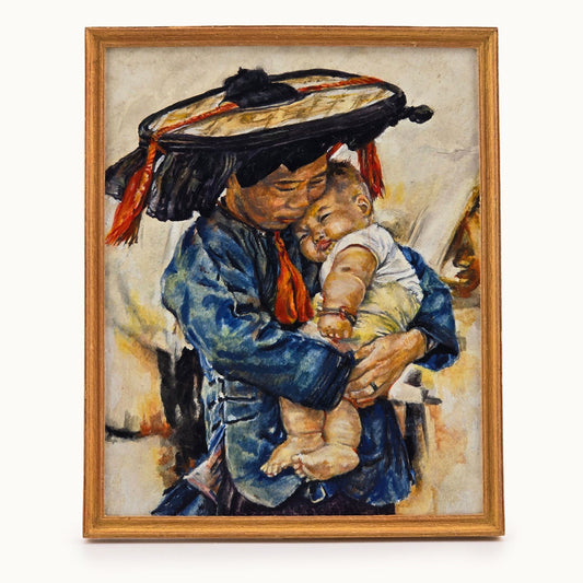 Painting of a mother holding a child with a wooden frame, Deanna Karras