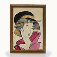Load image into Gallery viewer, Framed miniature artwork of a traditional Japanese geisha with a pink kimono and black hairpiece. Alexandra R.
