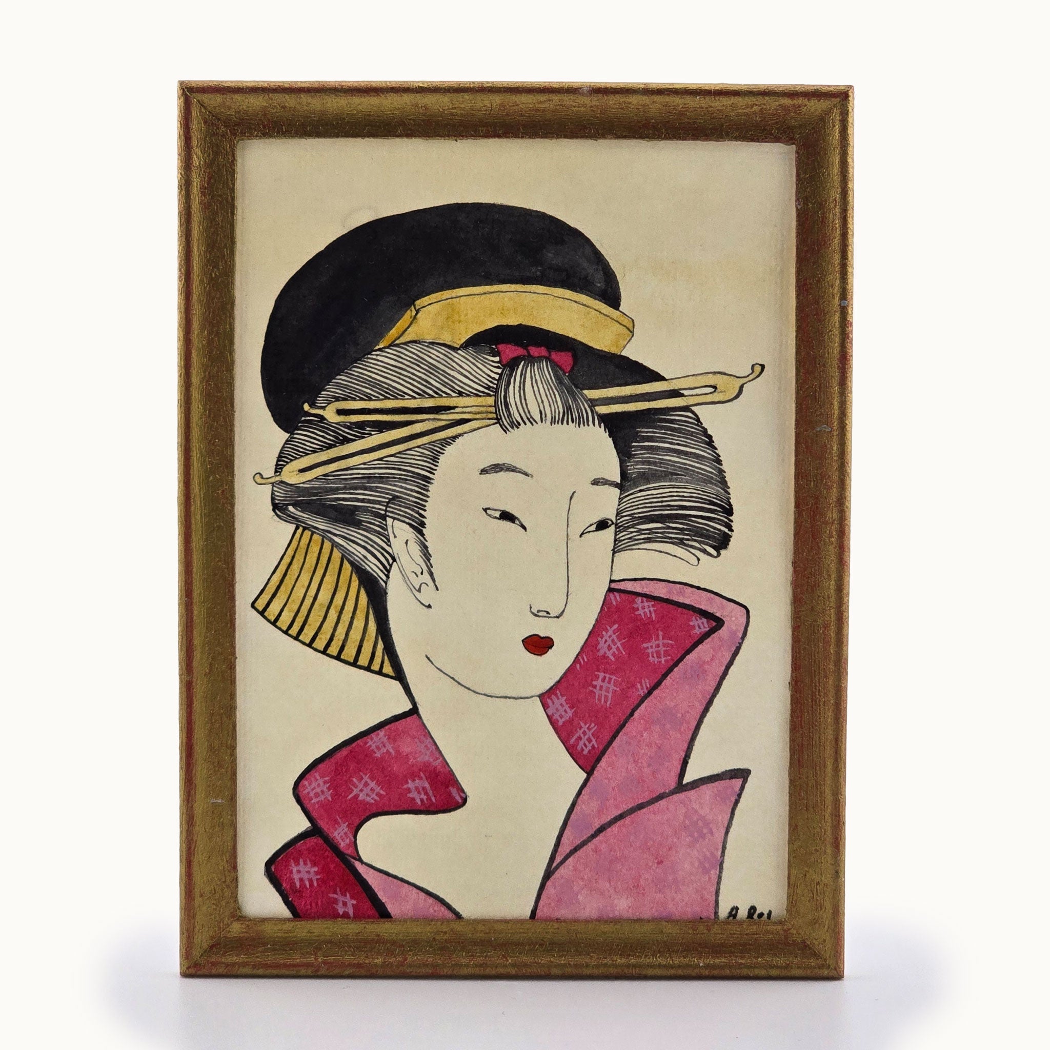 Framed miniature artwork of a traditional Japanese geisha with a pink kimono and black hairpiece. Alexandra R.