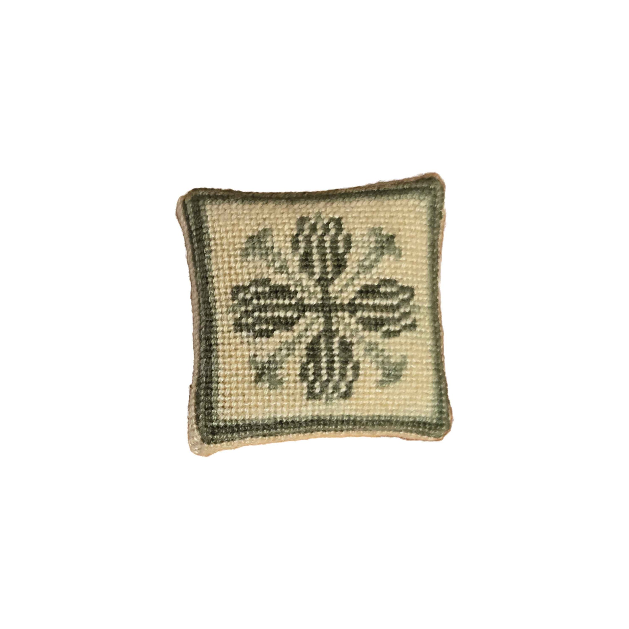 Signed GR Green & Ivory Geometric Petit-Point Square Miniature Decorative Pillow