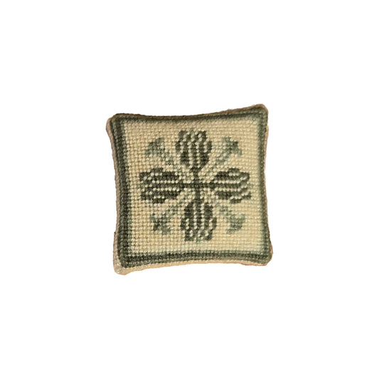 Signed GR Green & Ivory Geometric Petit-Point Square Miniature Decorative Pillow