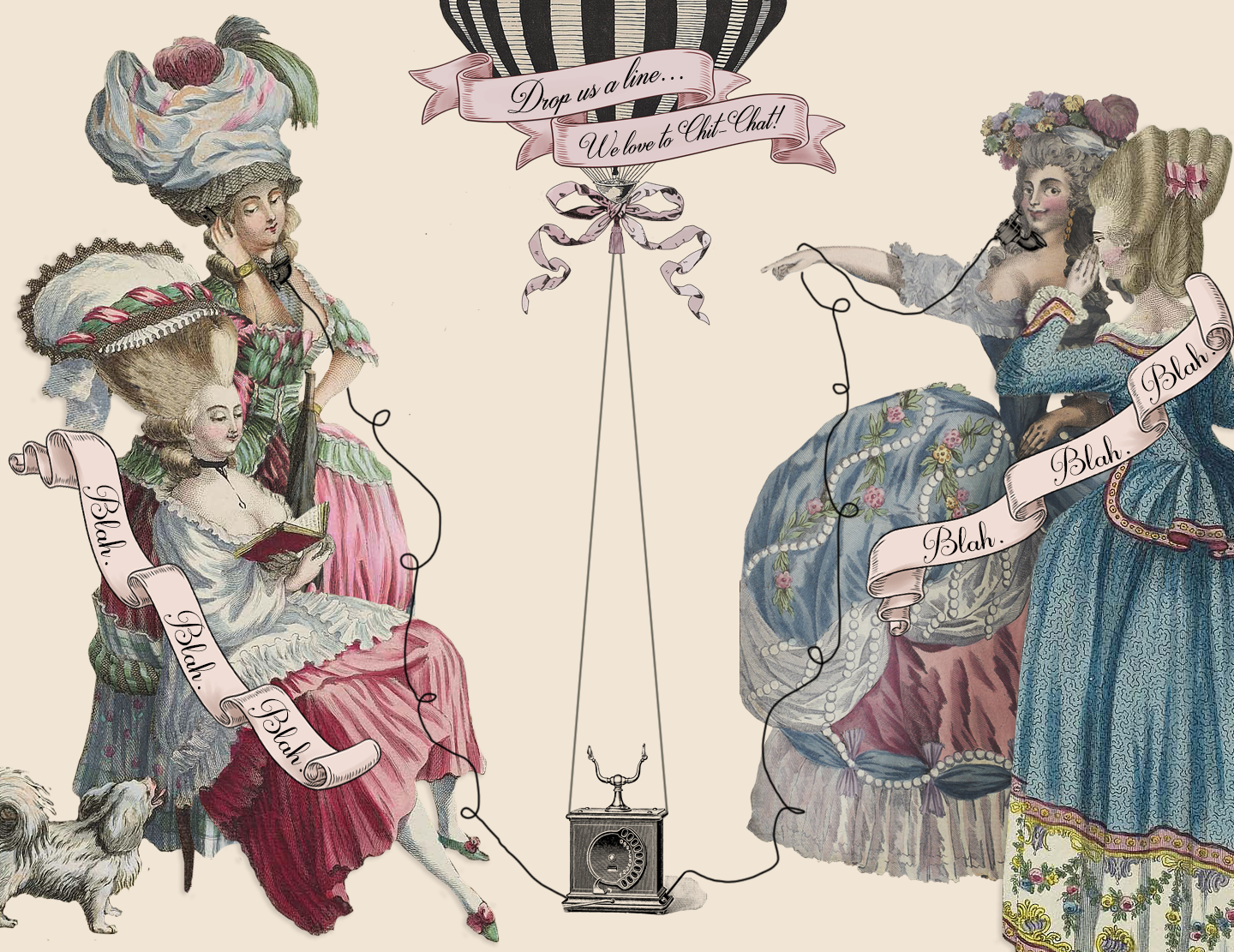 Vintage-style illustration of women in elaborate dresses with a hot air balloon and text.