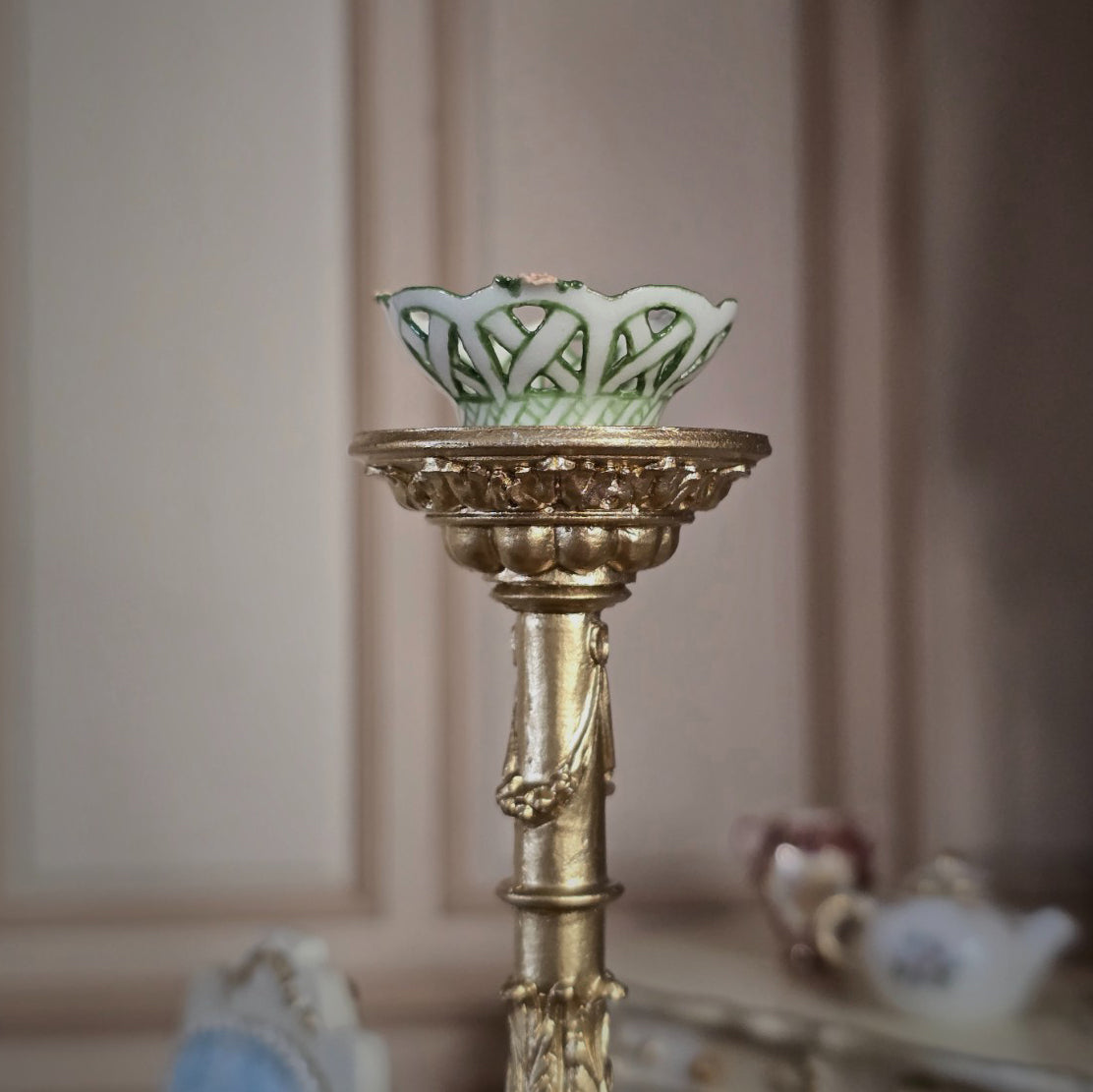 Miniature Dollhouse Jean Welch Porcelain Green Lattice Bowl 1991 Pink Flowers