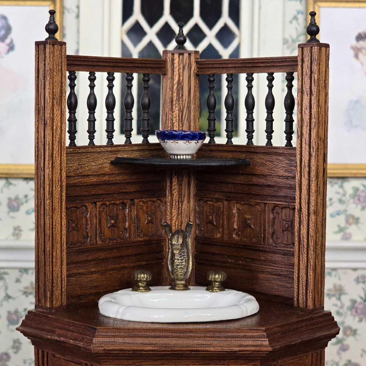 Vintage Signed Hand Painted Porcelain Gilt Blue Cabinet Bowl Miniature Dollhouse
