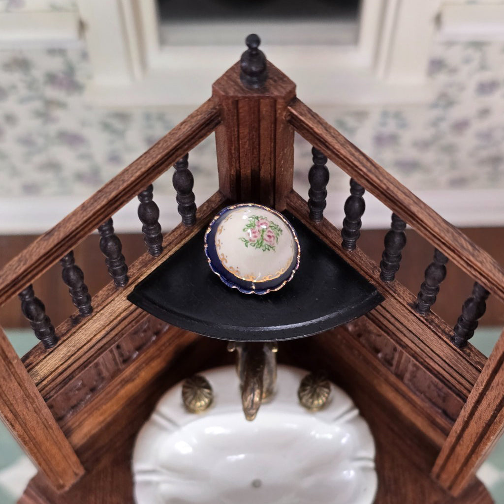 Vintage Signed Hand Painted Porcelain Gilt Blue Cabinet Bowl Miniature Dollhouse