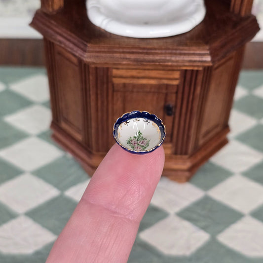 Vintage Signed Hand Painted Porcelain Gilt Blue Cabinet Bowl Miniature Dollhouse