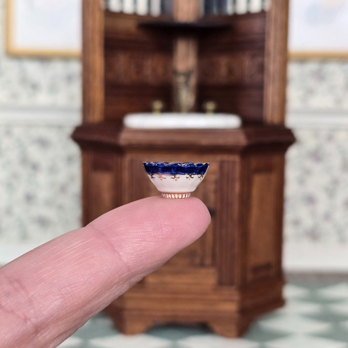 Vintage Signed Hand Painted Porcelain Gilt Blue Cabinet Bowl Miniature Dollhouse