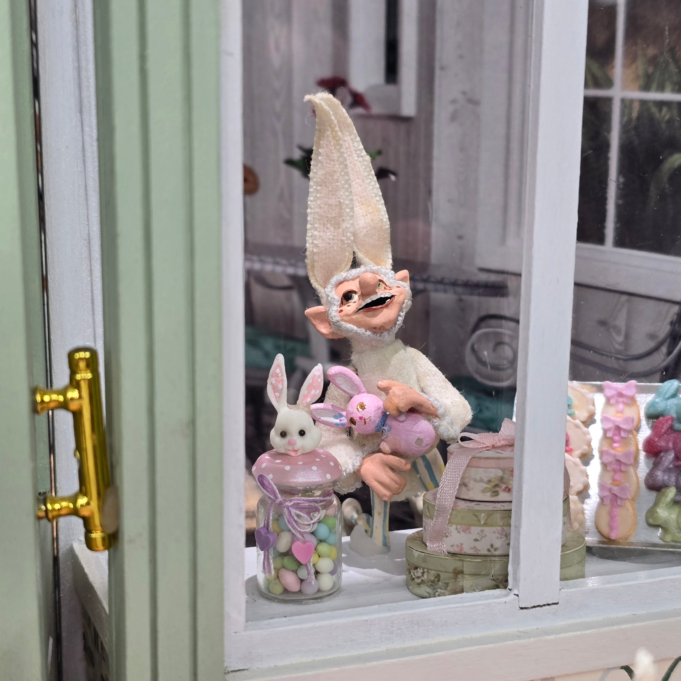 Cynthia Baron Vintage Kneeling Easter Elf Boy Doll with Bunny Ears & Rabbit Toy