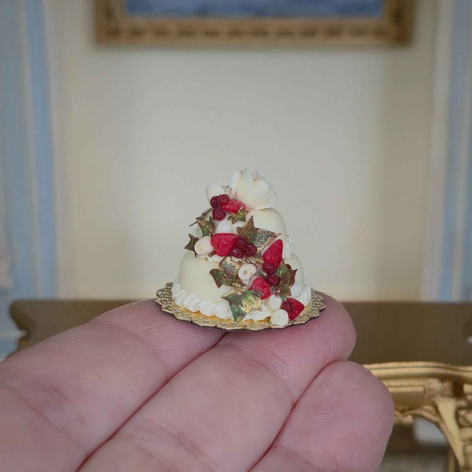 Miniature Dollhouse Romantic Berries & Ivy Tiered Wedding Cake Artisan Clay 1:12