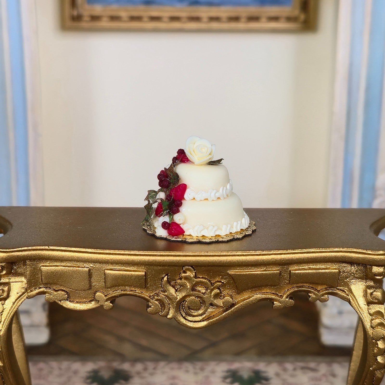 Miniature Dollhouse Romantic Berries & Ivy Tiered Wedding Cake Artisan Clay 1:12