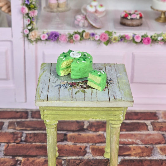 Green Frosted Birthday Layer Rose Cake with Slice OOAK 1:12 Miniature Dollhouse