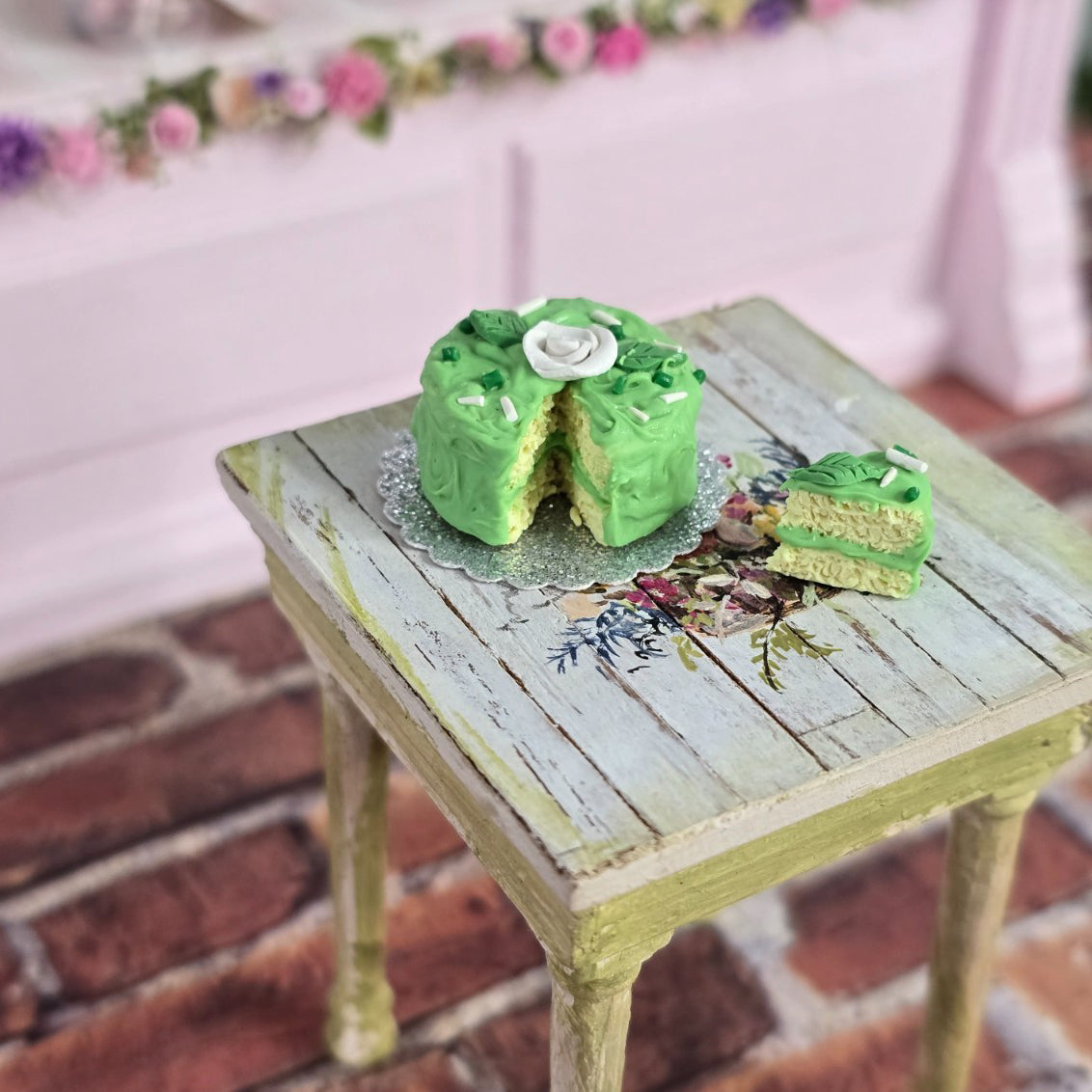 Green Frosted Birthday Layer Rose Cake with Slice OOAK 1:12 Miniature Dollhouse
