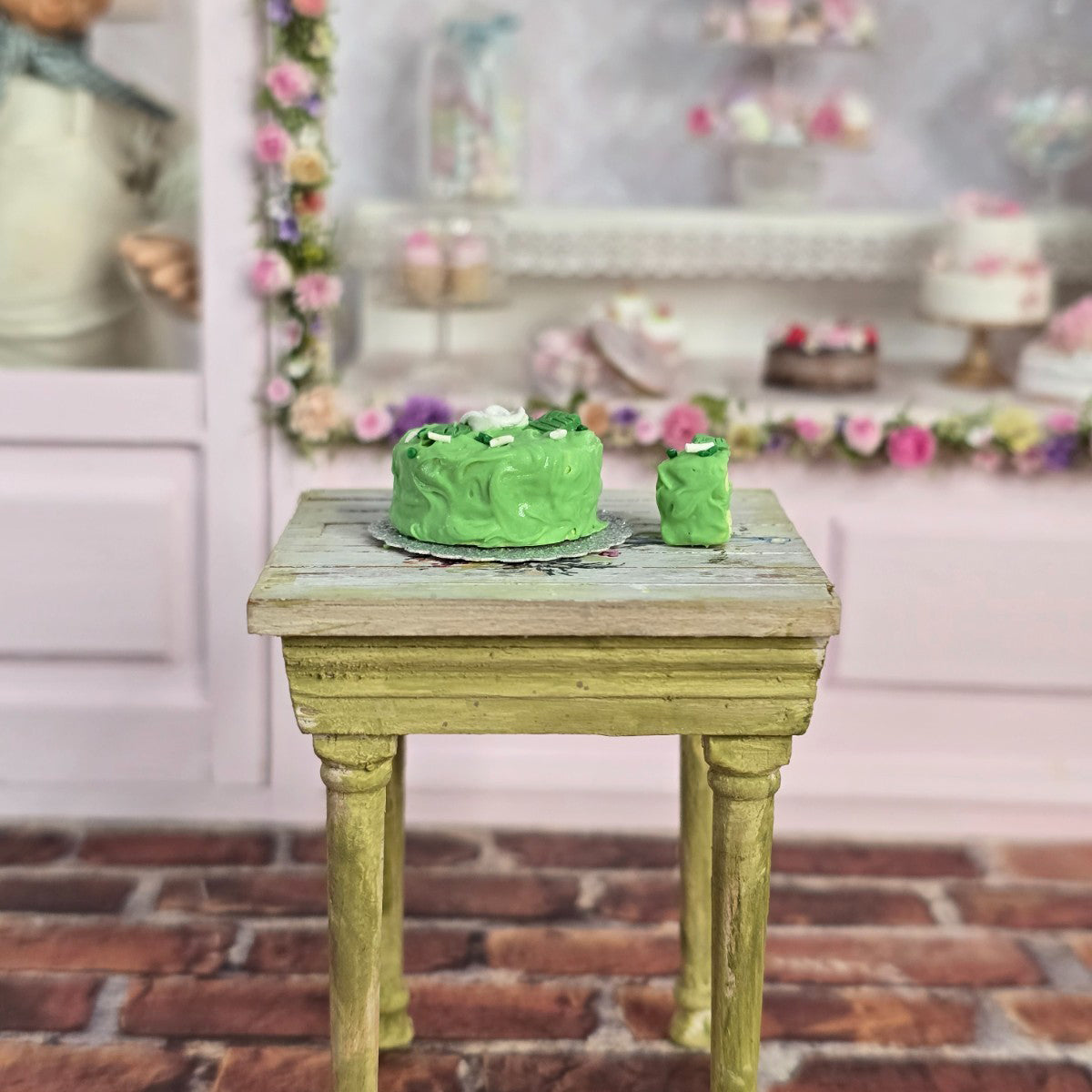 Green Frosted Birthday Layer Rose Cake with Slice OOAK 1:12 Miniature Dollhouse