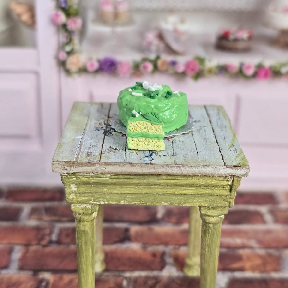 Green Frosted Birthday Layer Rose Cake with Slice OOAK 1:12 Miniature Dollhouse