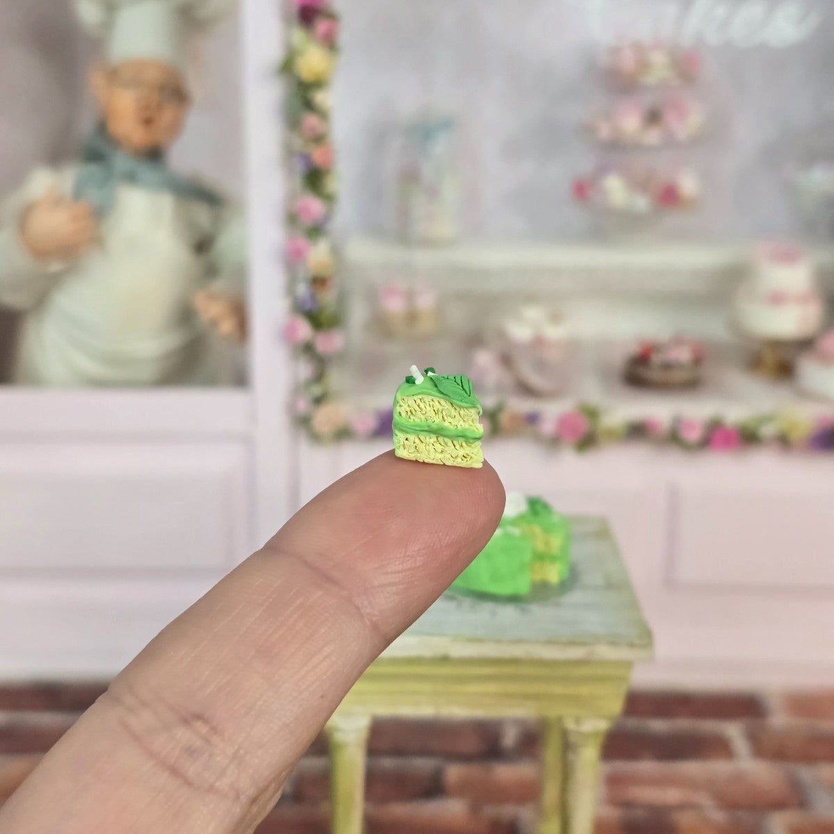 Green Frosted Birthday Layer Rose Cake with Slice OOAK 1:12 Miniature Dollhouse