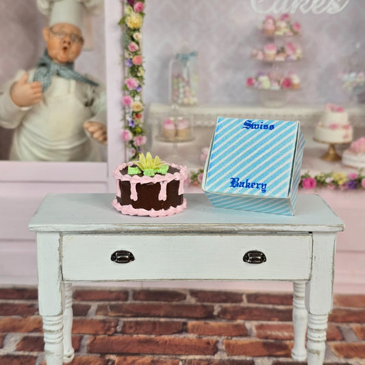 Decorated Birthday Cake w Blue Swiss Bakery Box Miniature Dollhouse