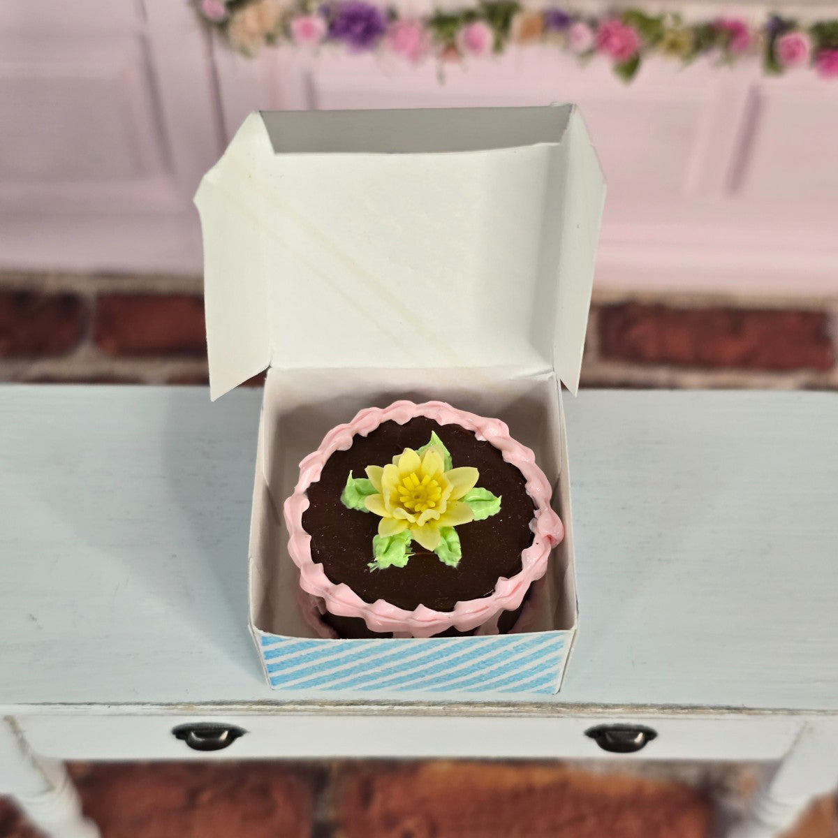 Decorated Birthday Cake w Blue Swiss Bakery Box Miniature Dollhouse