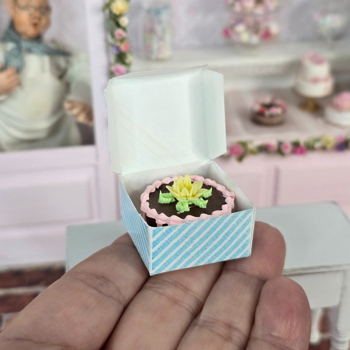 Decorated Birthday Cake w Blue Swiss Bakery Box Miniature Dollhouse