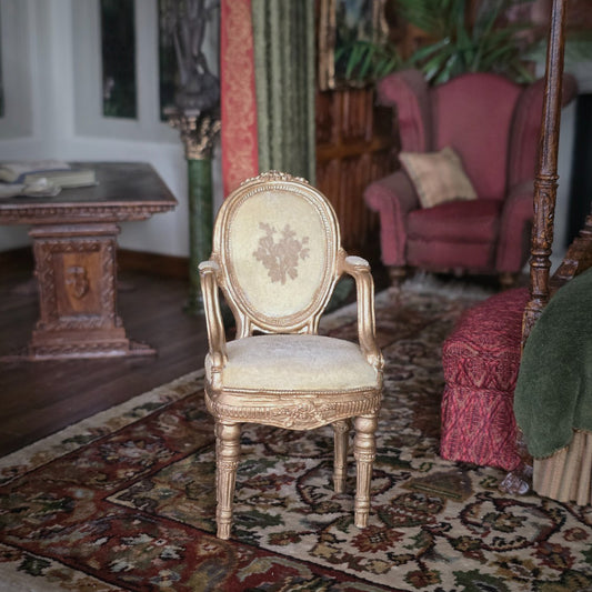 Miniature Dollhouse Vintage Louis XVI Armchair Gold Cast Clay Velvet Upholstery
