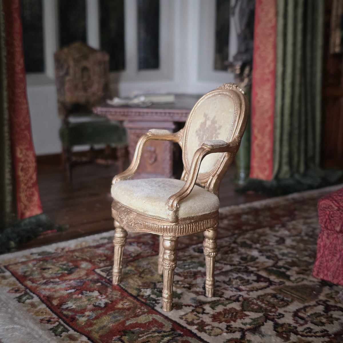 Miniature Dollhouse Vintage Louis XVI Armchair Gold Cast Clay Velvet Upholstery