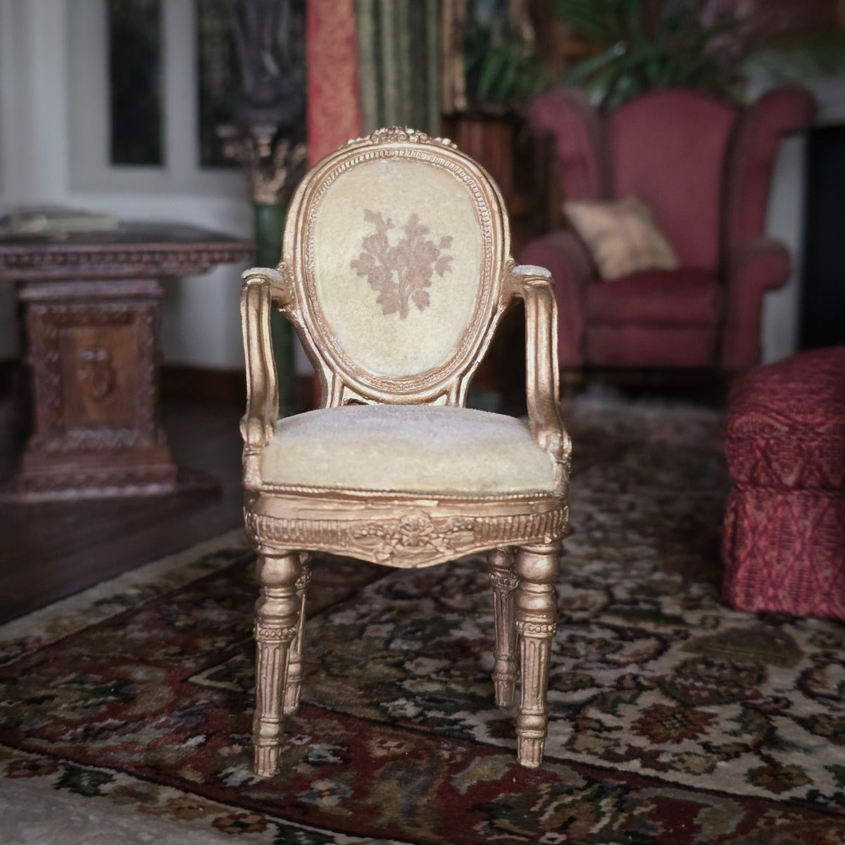 Miniature Dollhouse Vintage Louis XVI Armchair Gold Cast Clay Velvet Upholstery