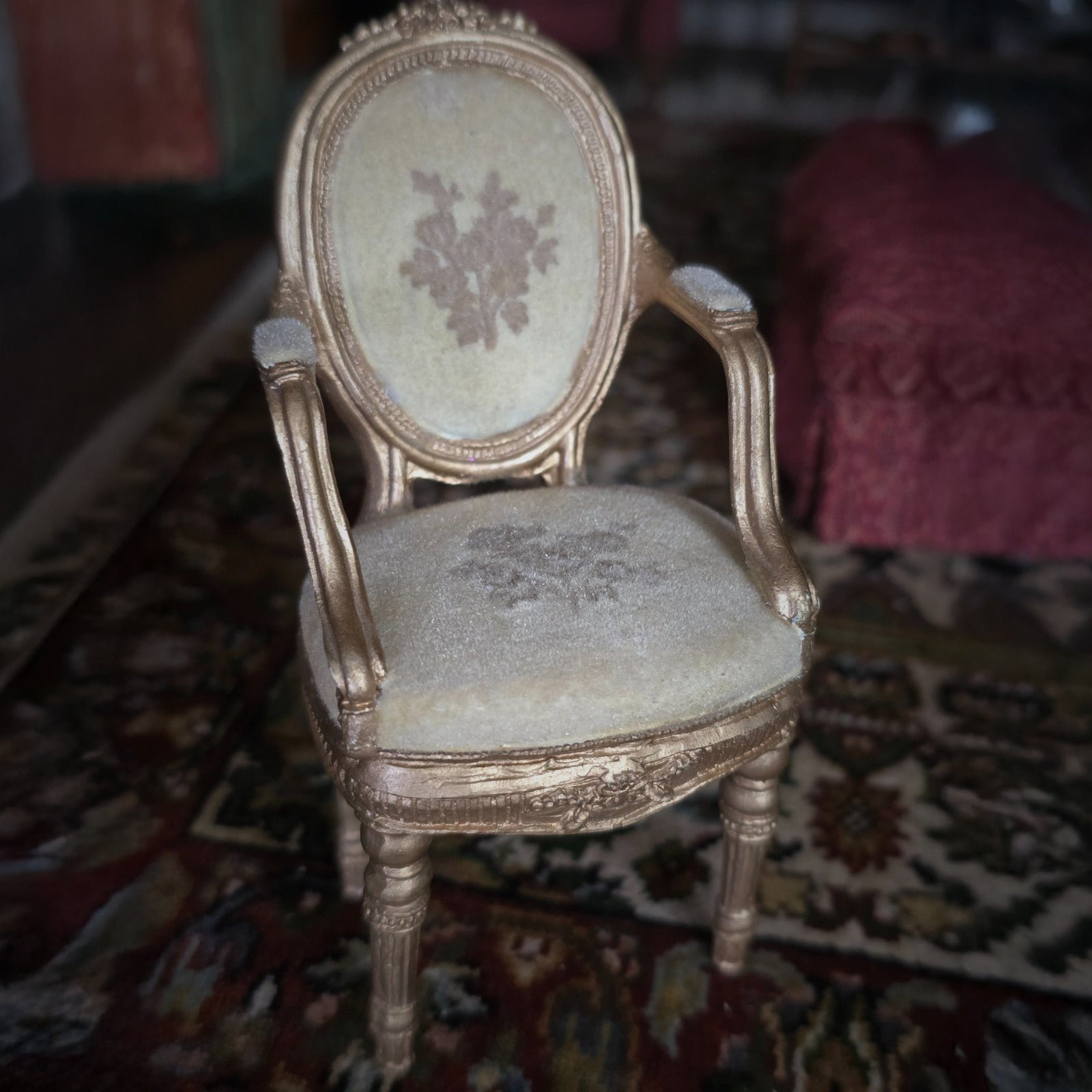 Miniature Dollhouse Vintage Louis XVI Armchair Gold Cast Clay Velvet Upholstery