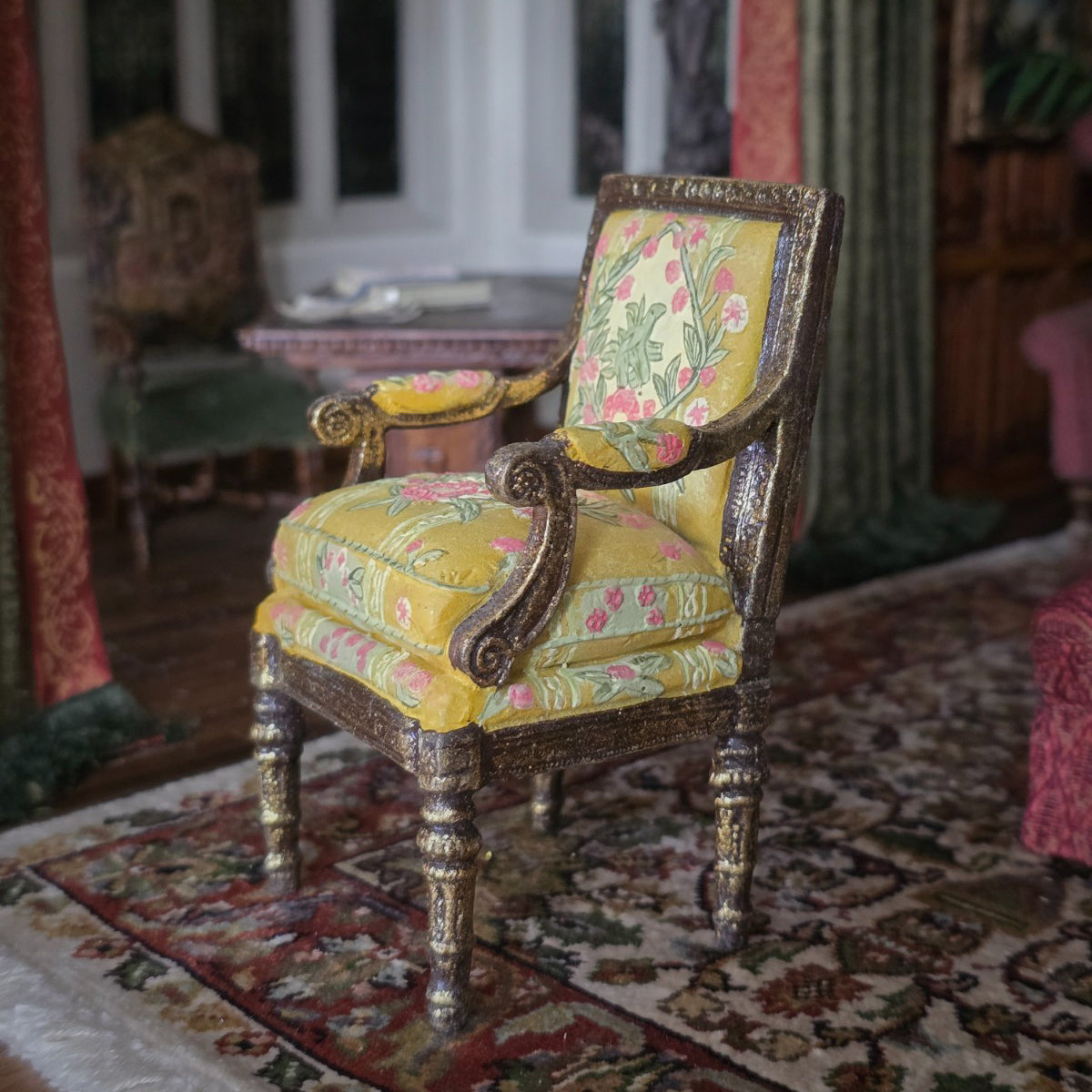 Hand Painted Louis XVI Armchair Gold Clay Decor Furniture Miniature Dollhouse