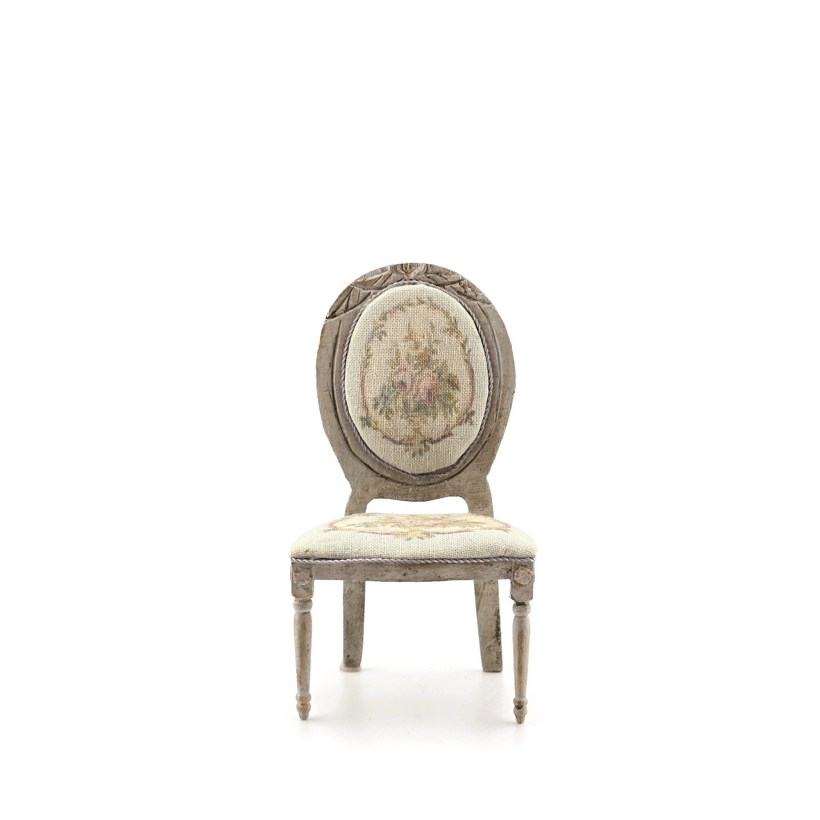Miniature Dollhouse Louis XVI Distressed Wood & Floral Upholstery Side Chair