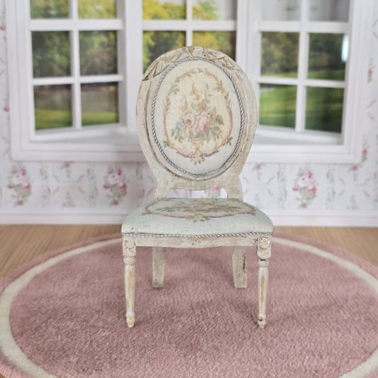 Miniature Dollhouse Louis XVI Distressed Wood & Floral Upholstery Side Chair
