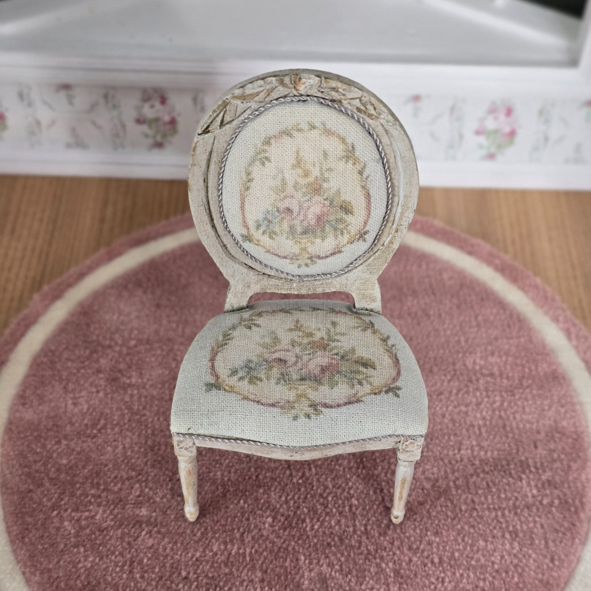 Miniature Dollhouse Louis XVI Distressed Wood & Floral Upholstery Side Chair
