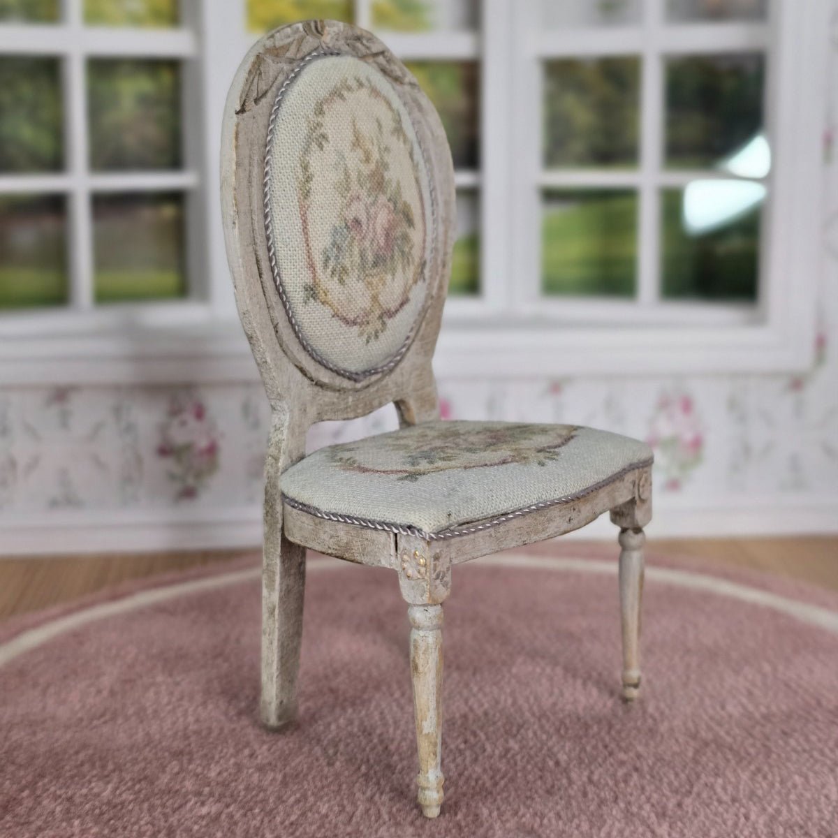 Miniature Dollhouse Louis XVI Distressed Wood & Floral Upholstery Side Chair
