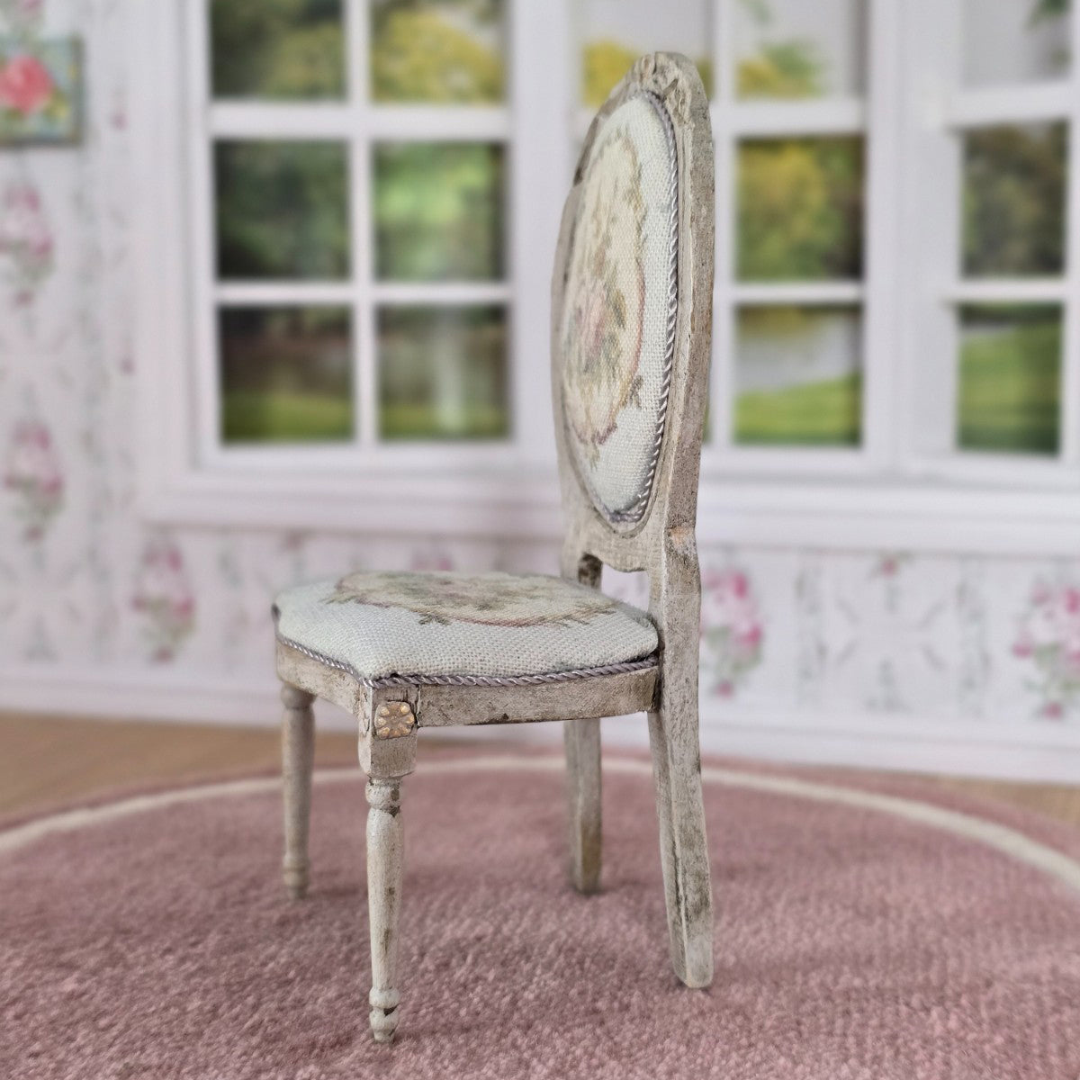 Miniature Dollhouse Louis XVI Distressed Wood & Floral Upholstery Side Chair