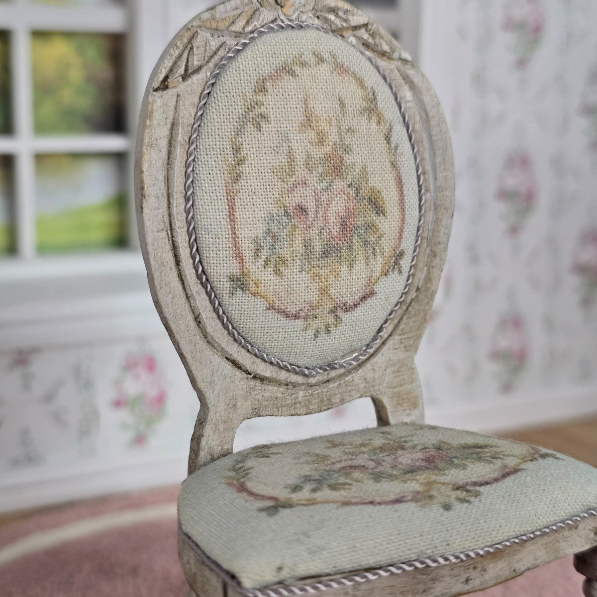 Miniature Dollhouse Louis XVI Distressed Wood & Floral Upholstery Side Chair