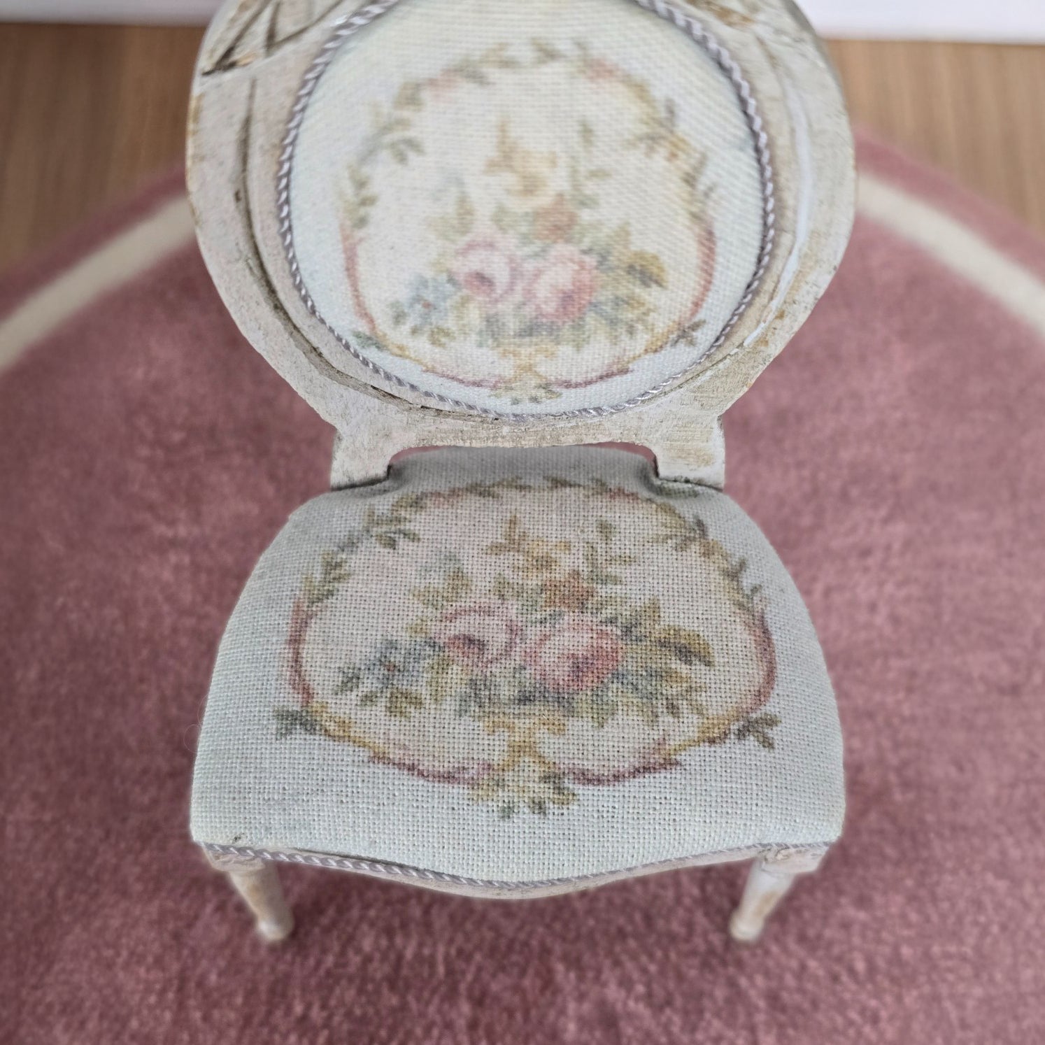 Miniature Dollhouse Louis XVI Distressed Wood & Floral Upholstery Side Chair