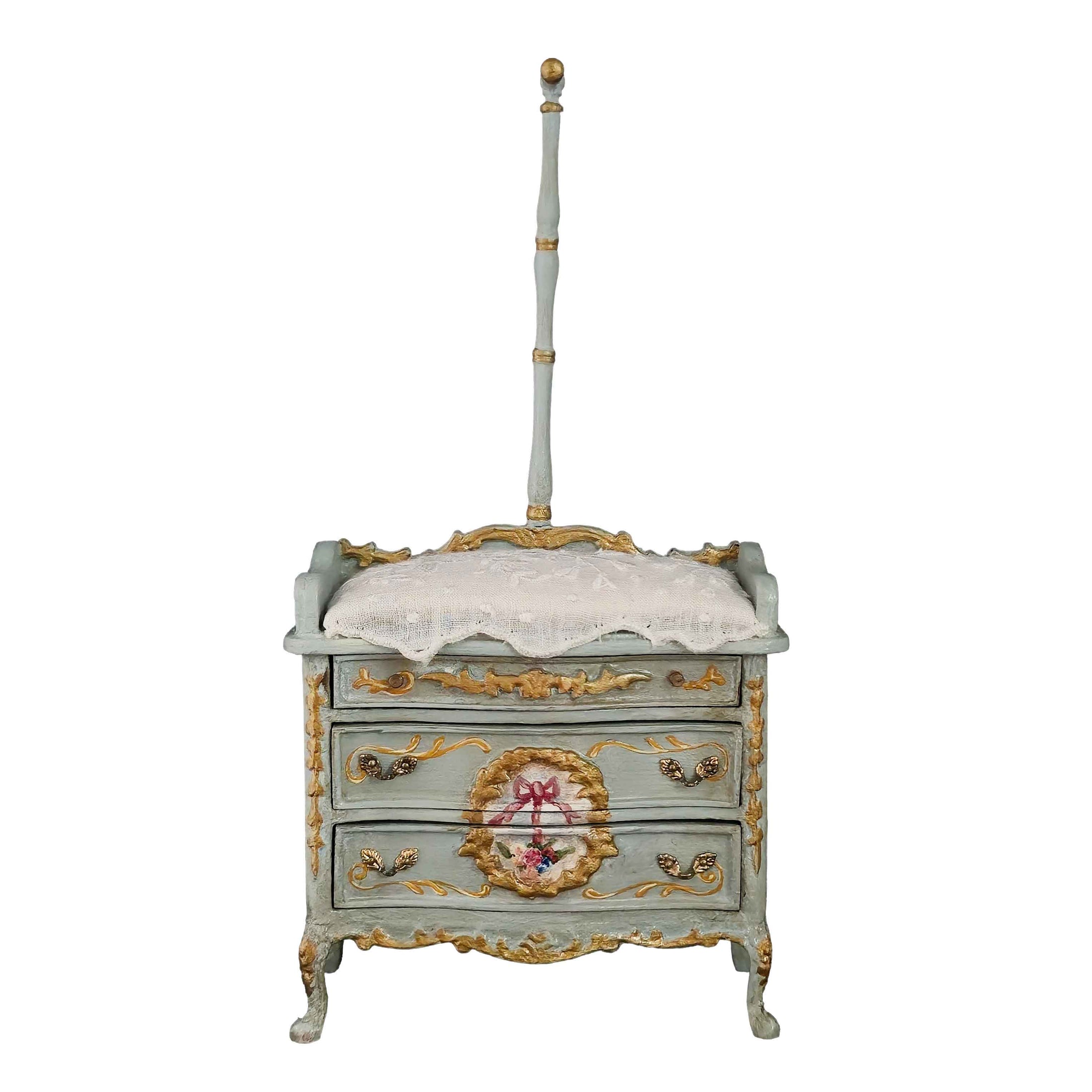 June Clinkscales Custom Rococo Gilt Blue Baby’s Changing Table with Hanging Rail