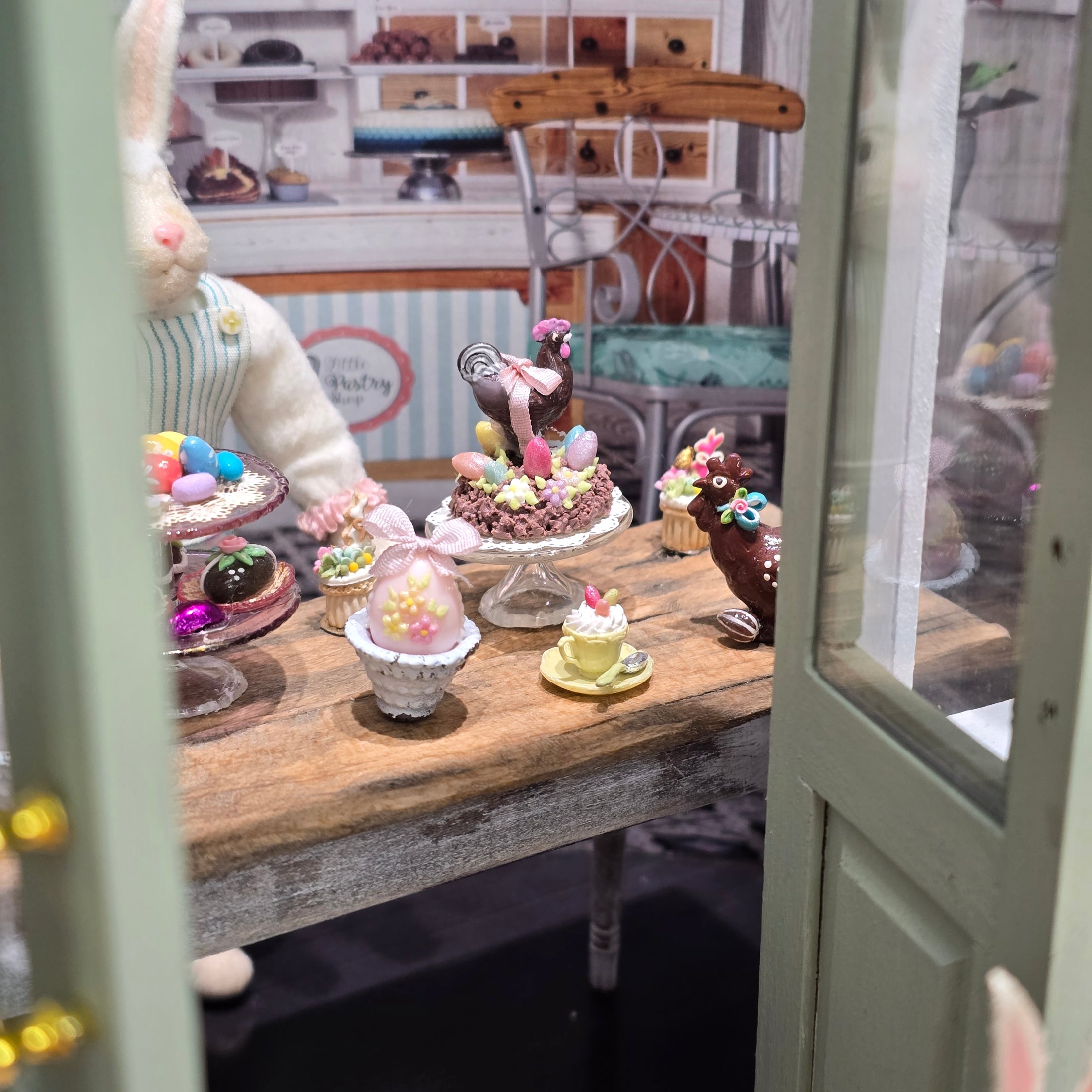 Chocolate Rooster & Easter Eggs Decorated Cake on Glass Stand Miniature