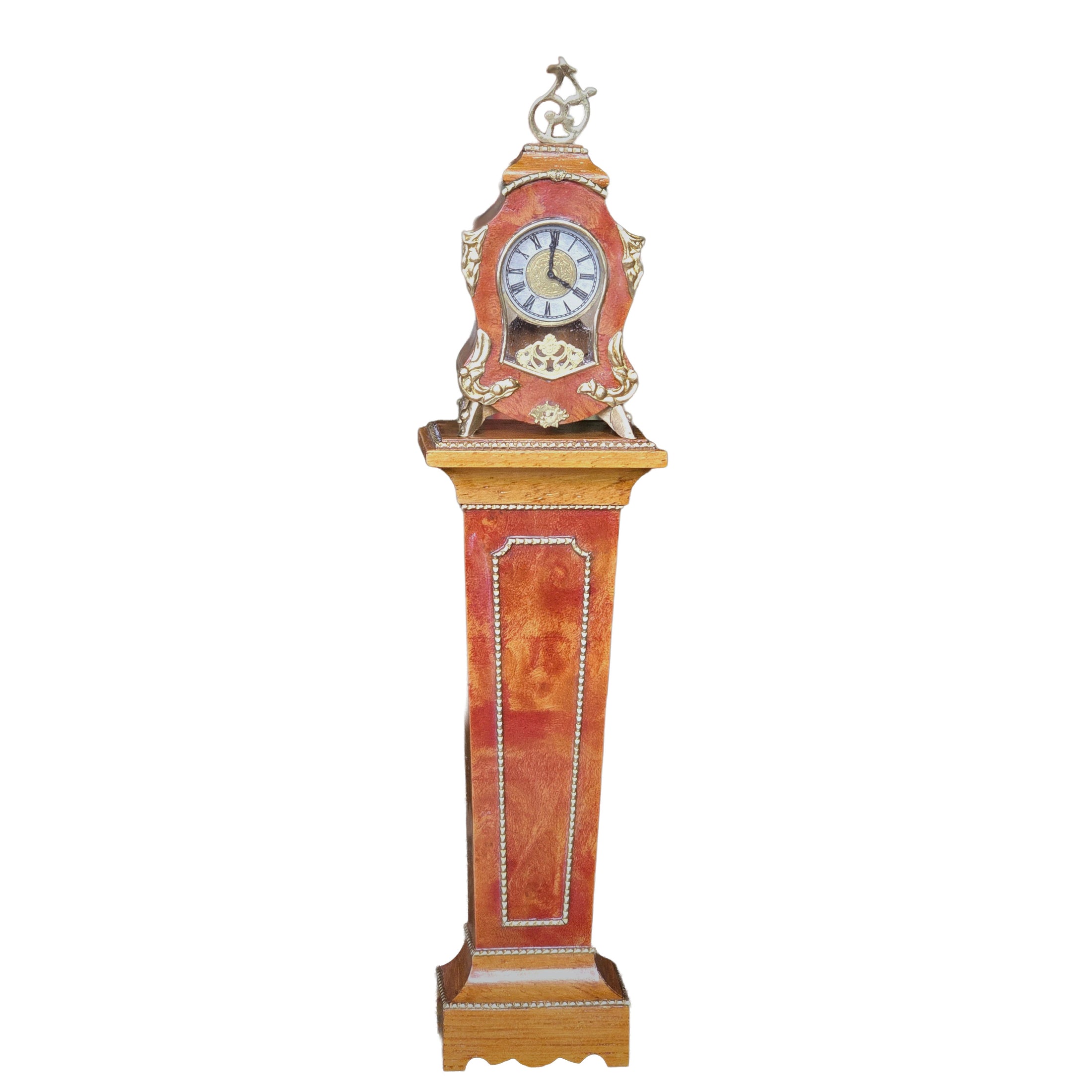Geoffrey Wonnacott Working Burl Wood Clock with Pedestal Stand Gold-plated Accents