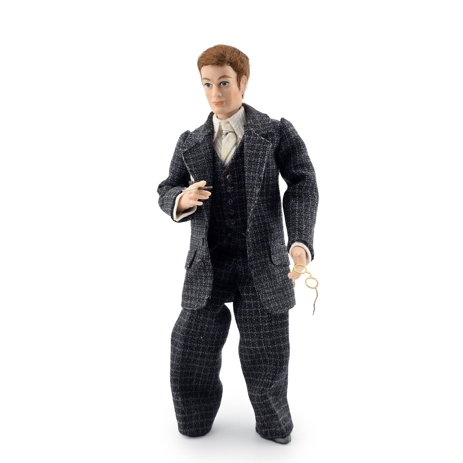Miniature Dollhouse Porcelain Executive Gentleman Man Doll Cigarette & Wool Suit