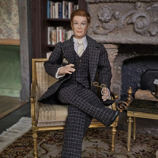 Miniature Dollhouse Porcelain Executive Gentleman Man Doll Cigarette & Wool Suit